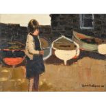 Donald McIntyre RCA (1923-2009) Scottish Girl before fishing boats Signed, oil on board, 29.5cm by