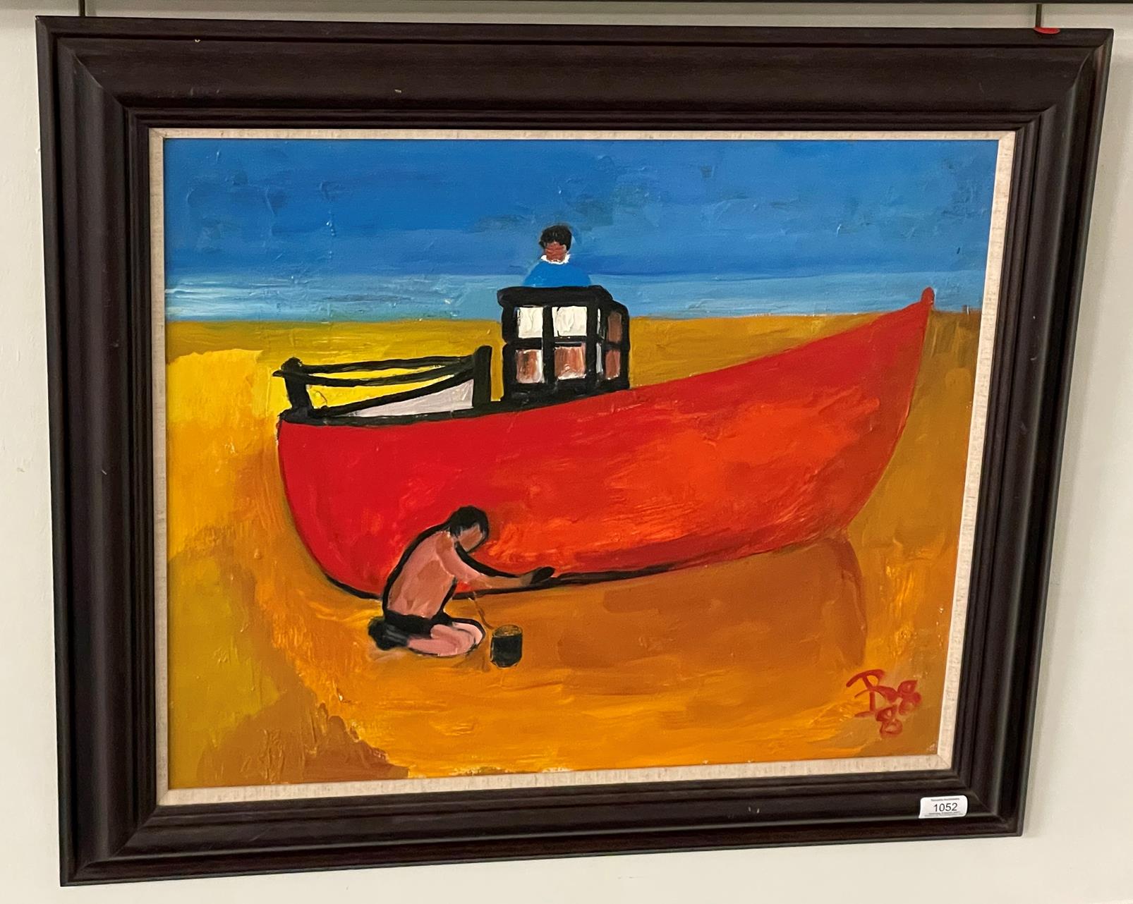 Eileen Bell (1907-2005) ''Working on Boat'' Monogrammed and dated (19)88, inscribed verso, oil on - Image 2 of 3