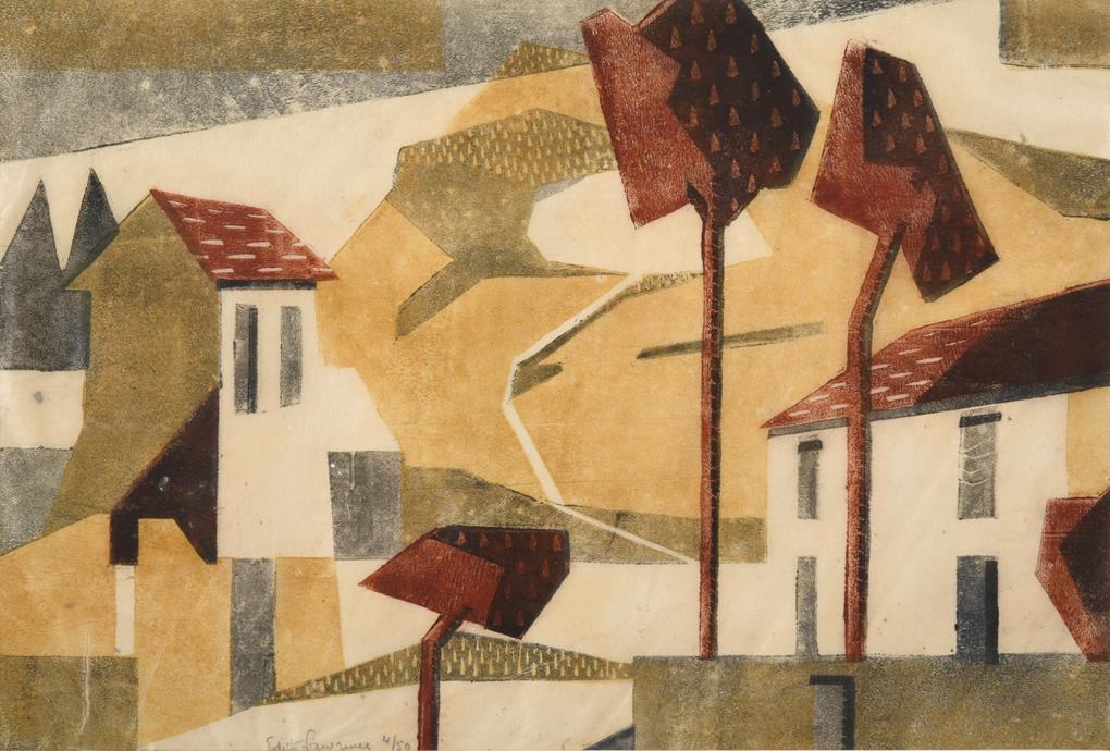 Edith Lawrence (1890-1973) Houses and trees Signed and numbered 4/50, linocut, 22cm by 32.5cm