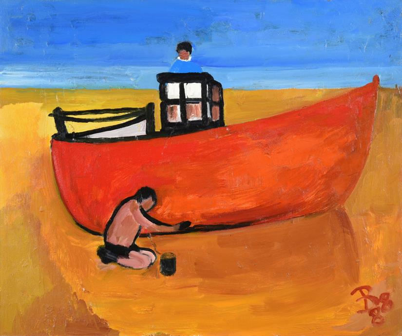 Eileen Bell (1907-2005) ''Working on Boat'' Monogrammed and dated (19)88, inscribed verso, oil on