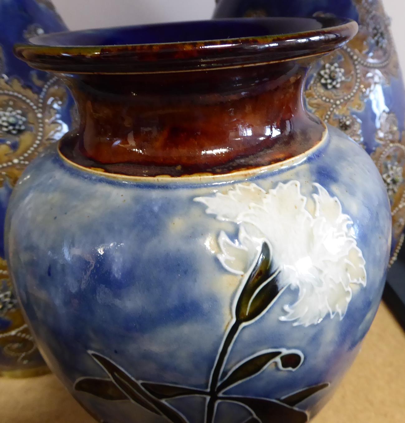 A Royal Doulton Stoneware Baluster Vase, tubelined with white carnations and verse Time is ever on - Image 3 of 7