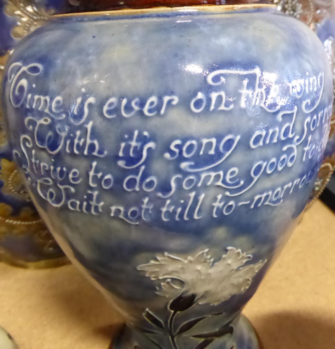 A Royal Doulton Stoneware Baluster Vase, tubelined with white carnations and verse Time is ever on - Image 5 of 7