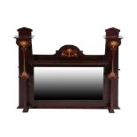 An Art Nouveau Inlaid Stained Beech Overmantel Mirror, the bevel edged rectangular mirror with a