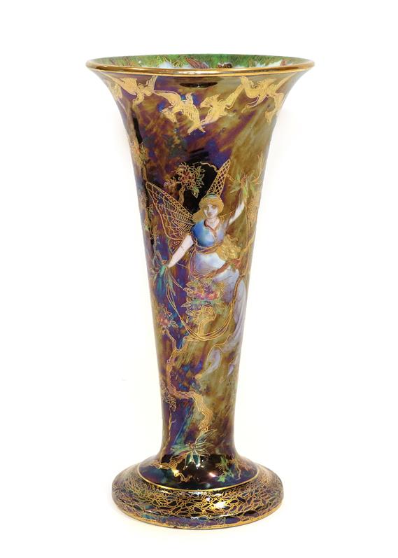 A Wedgwood Black Fairyland Lustre Butterfly Woman and Floating Fairies Design Trumpet Vase, designed