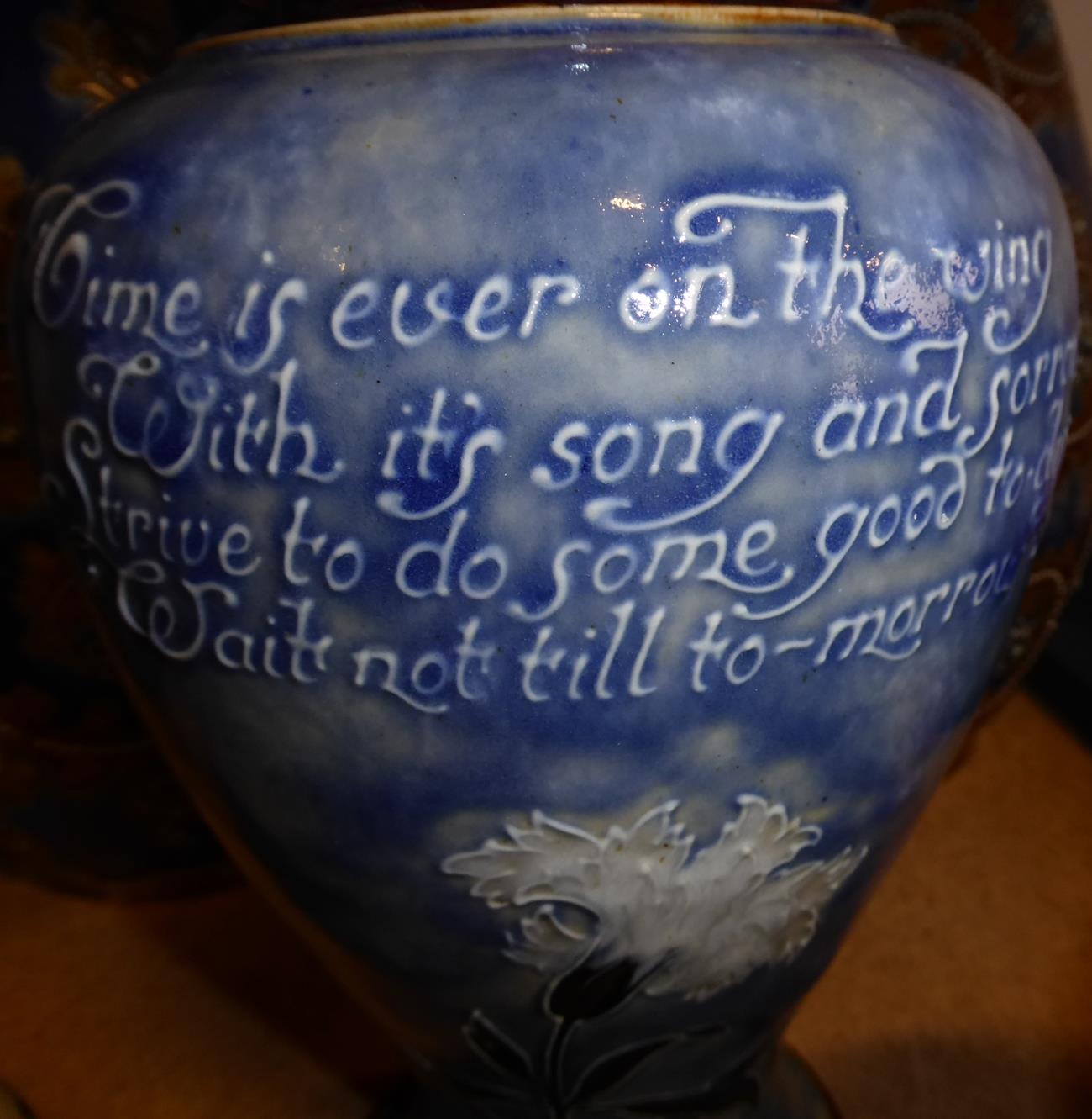 A Royal Doulton Stoneware Baluster Vase, tubelined with white carnations and verse Time is ever on - Image 4 of 7