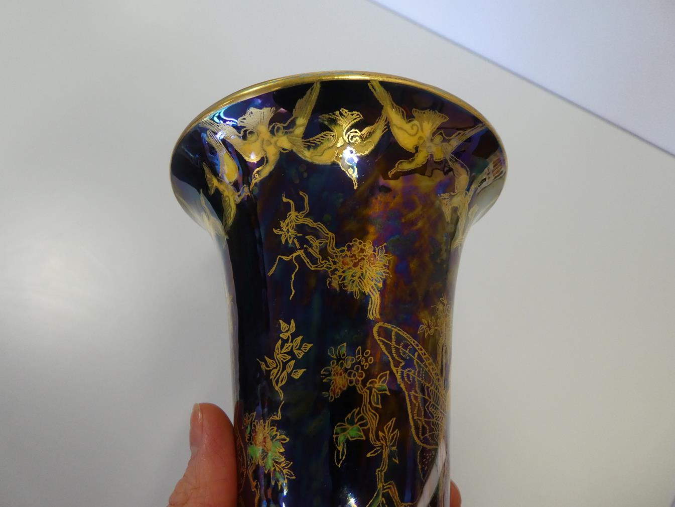 A Wedgwood Black Fairyland Lustre Butterfly Woman and Floating Fairies Design Trumpet Vase, designed - Image 7 of 12