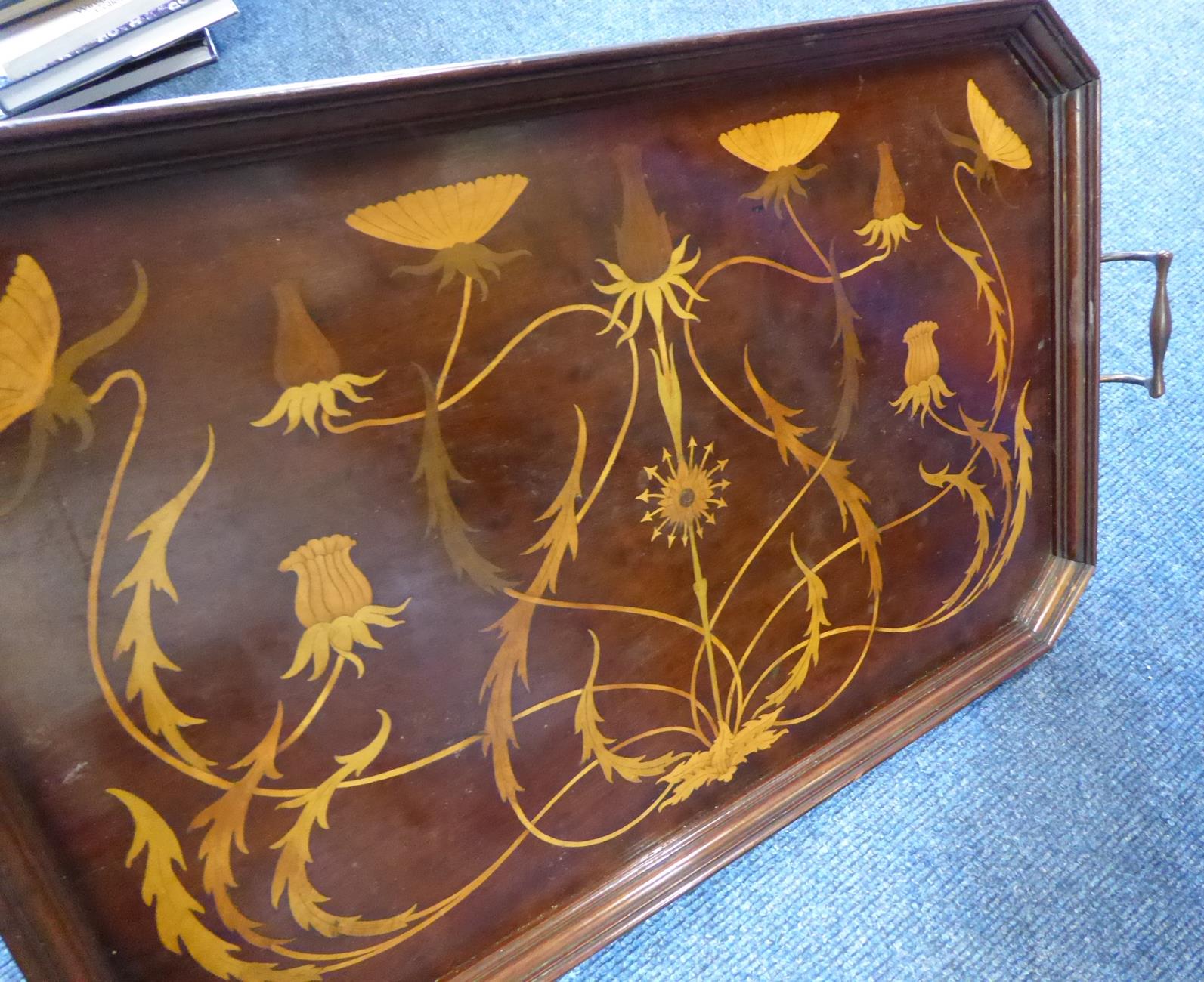 A Shapland & Petter, Barnstaple Art Nouveau Marquetry Inlaid Mahogany Tray, circa 1900, of canted - Image 3 of 5