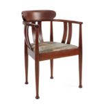 An Art Deco Mahogany Tub Chair, with stringing, curved arms above shaped slats, drop-in seat, on