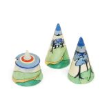 Clarice Cliff (1899-1972): A Bizarre Blue Firs Conical Cruet Set, comprising salt, pepper and