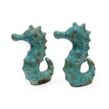 A Pair of 20th Century Pottery Seahorses, turquoise crackle glaze, unmarked, 36cm high .They both