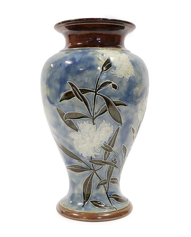 A Royal Doulton Stoneware Baluster Vase, tubelined with white carnations and verse Time is ever on