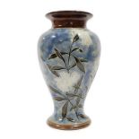 A Royal Doulton Stoneware Baluster Vase, tubelined with white carnations and verse Time is ever on