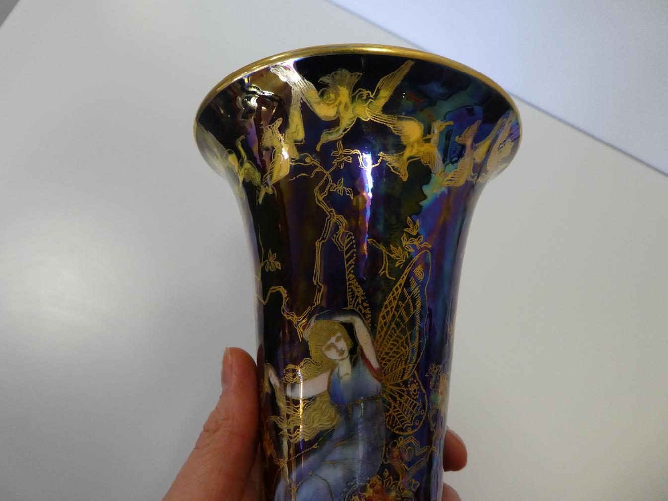 A Wedgwood Black Fairyland Lustre Butterfly Woman and Floating Fairies Design Trumpet Vase, designed - Image 6 of 12