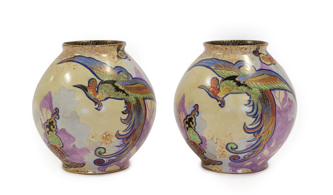 A Pair of Art Deco Carlton Ware Chinese Bird Pattern Ovoid Vases, enamelled in colours on a yellow