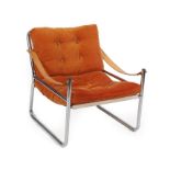 A Mid Century Sling Armchair, with slung canvas seat and back, tan cow hide slung arms, on a