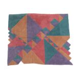 A 1980's Rug, triangular and rectangular patterns, in purple, turquoise and pink, unmarked, 247cm by