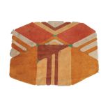 A 1970's Modernist Abstract Octagonal Rug, in oranges, green, brown and cream, unmarked, 263cm by