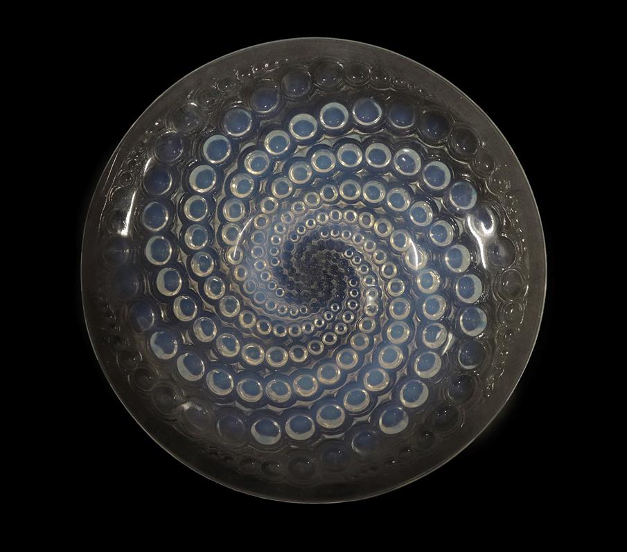 René Lalique (French, 1860-1945): An Opalescent and Clear Glass Volutes Bowl, wheel cut R LALIQUE