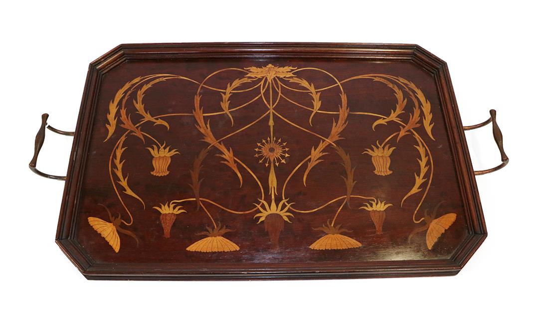 A Shapland & Petter, Barnstaple Art Nouveau Marquetry Inlaid Mahogany Tray, circa 1900, of canted