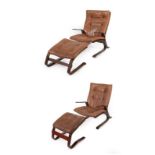 A Pair of Scandinavian Cantilever Lounge Chairs and Stools, brown buttoned upholstery and stained