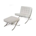 A Modern Barcelona Style Easy Chair and Ottoman, white leather padded cushions, on polished chrome
