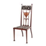 An Art Nouveau Inlaid Mahogany Chair, upholstered top rail between two capped supports, inlaid