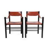 A Pair of 1970's Ibisco Italian Armchairs, black lacquered beech frames, cognac leather seat, back