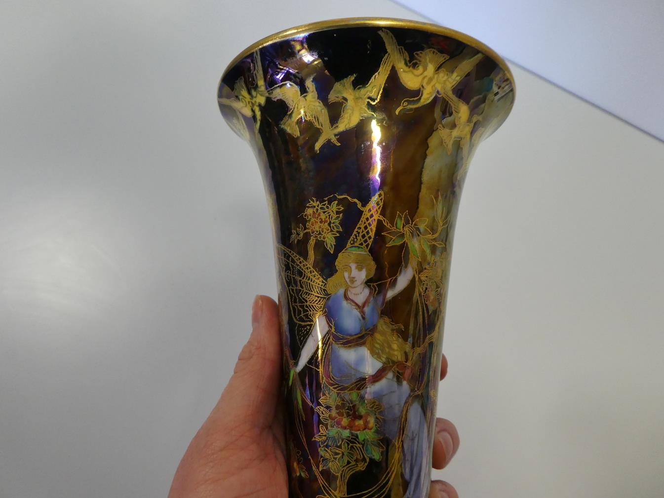 A Wedgwood Black Fairyland Lustre Butterfly Woman and Floating Fairies Design Trumpet Vase, designed - Image 5 of 12