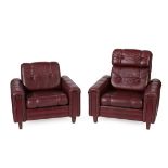 A Pair of 1970's Danish High and Low Back Easy Chairs, upholstered in wine leather, 89cm wide,