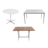 A White Laminate Rectangular Table, on four brushed stainless steel legs, unmarked, 121.5cm by 75.