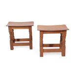 Cat and Mouseman: Lyndon Hammell (Harmby): A Pair of English Oak Dish Top Stools, with nailed and