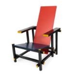 A Modern 635 Red and Blue Lounge Chair, designed by Gerrit Thomas Rietveld, the frame in yellow