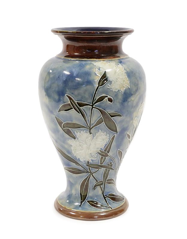 A Royal Doulton Stoneware Baluster Vase, tubelined with white carnations and verse Time is ever on - Image 2 of 7