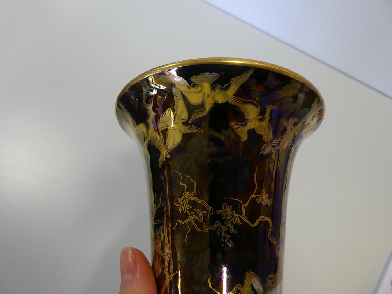 A Wedgwood Black Fairyland Lustre Butterfly Woman and Floating Fairies Design Trumpet Vase, designed - Image 8 of 12