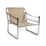 A Mid Century Sling Armchair, with slung canvas seat and back, tan cow hide slung arms, on a