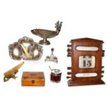 A tray of assorted items including an oak cased perpetual calendar, Mauchline ware box and various