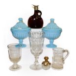 A tray of glassware including a 19th century etched tankard, scent bottle with shell cameo and