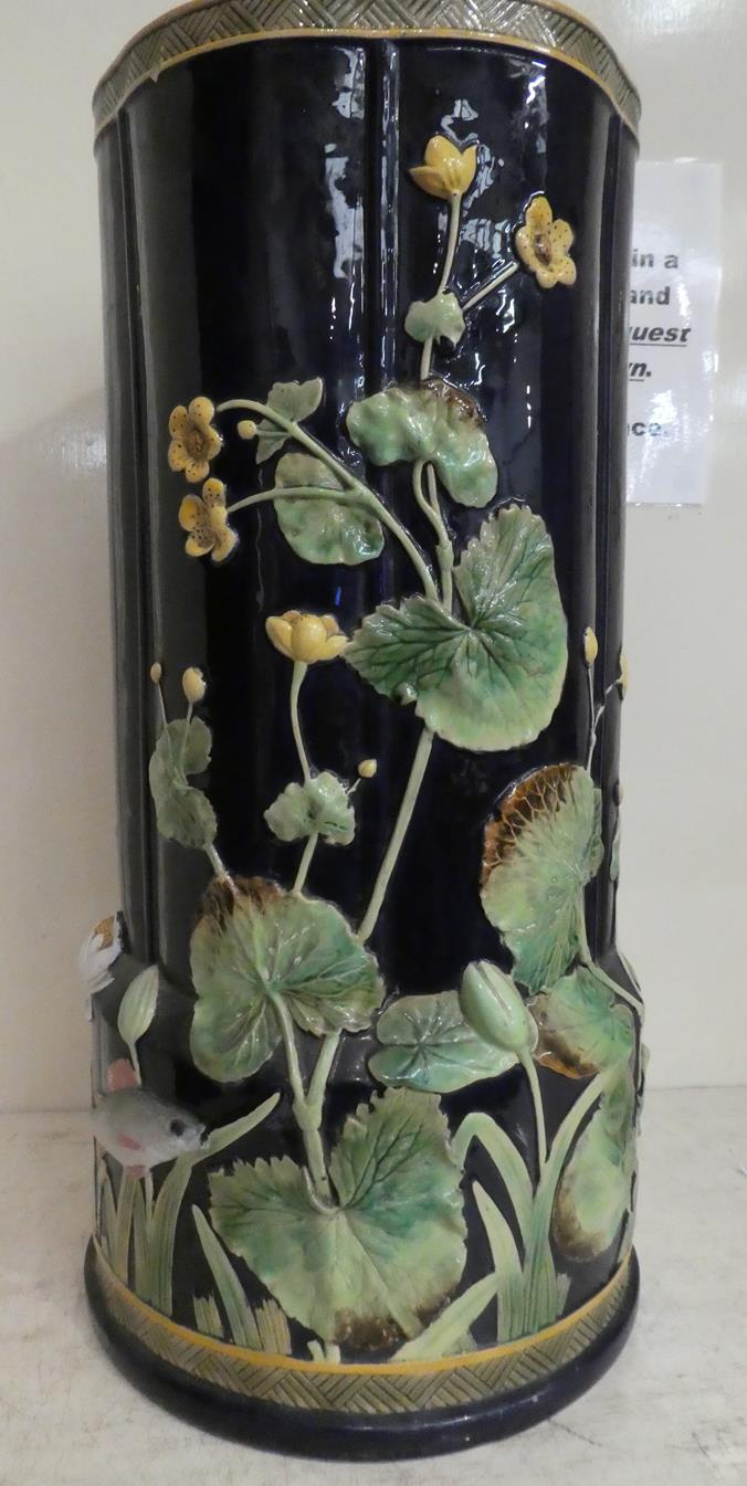 George Jones majolica stick stand moulded with water lilies and fish impressed mark, 55cm high - Image 5 of 22