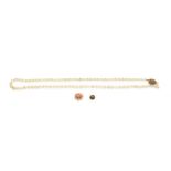A cultured pearl necklace knotted to a 9 carat gold amethyst and split pearl clasp, length 60cm (a.