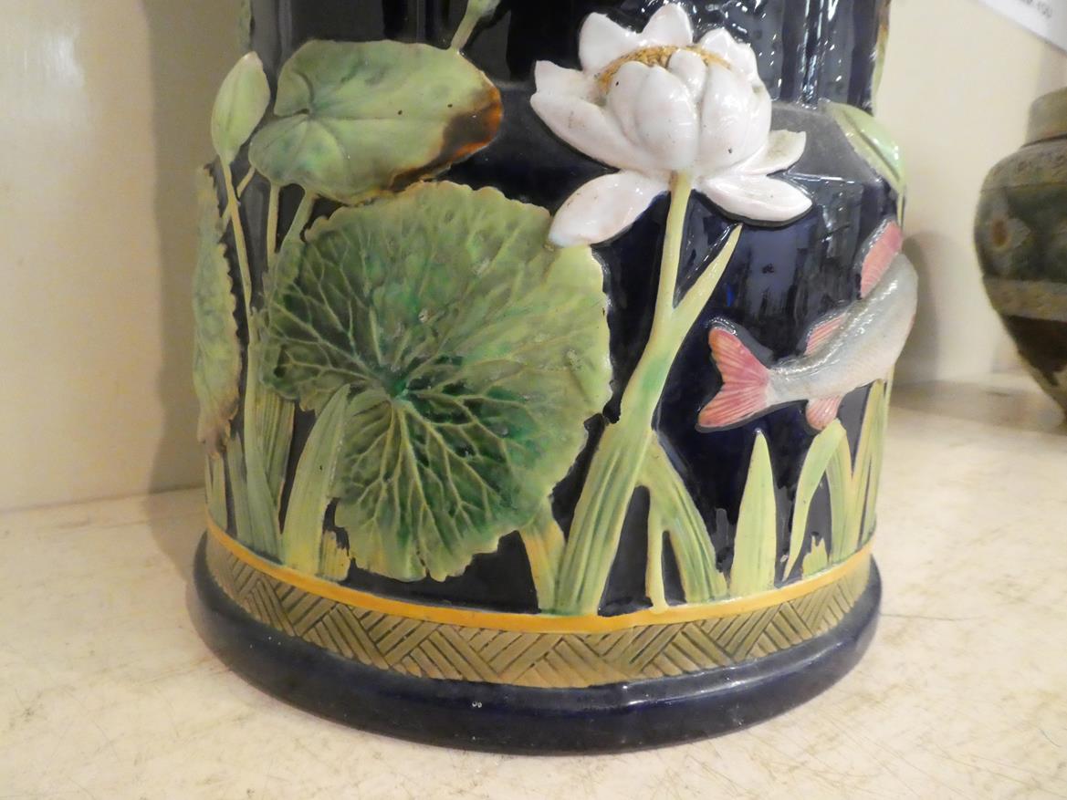 George Jones majolica stick stand moulded with water lilies and fish impressed mark, 55cm high - Image 4 of 22