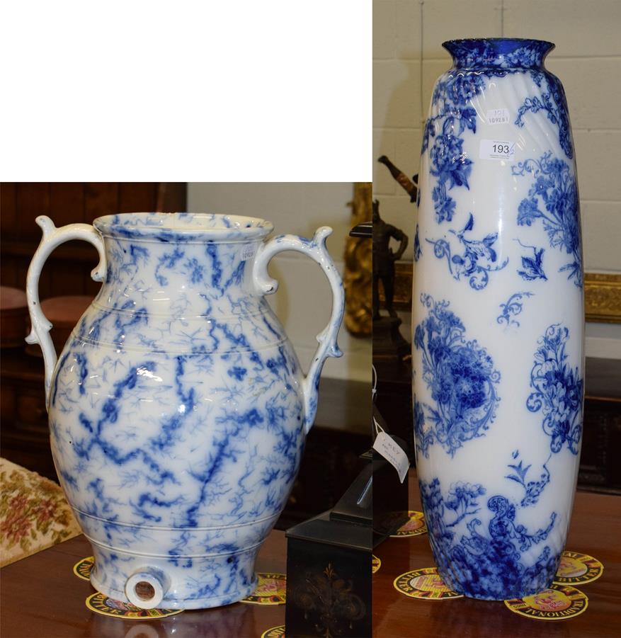 A Victorian blue and white transfer printed twin handled keg 38cm and a large blue and white vase