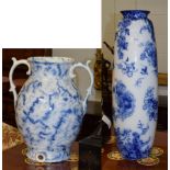 A Victorian blue and white transfer printed twin handled keg 38cm and a large blue and white vase