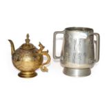 A Chinese white metal tyg and and a gilt metal teapot (2)