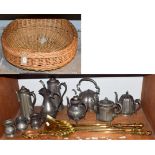 A quantity of metalware's including Pewter, brass fire irons and a wicker basket (two shelves)