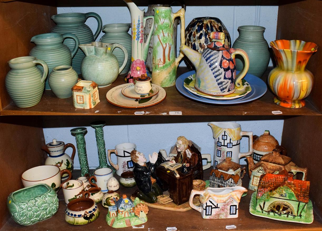 A large quantity of Art Deco pottery including Lovatts, Sylvac, cottage and Torquay wares etc (two