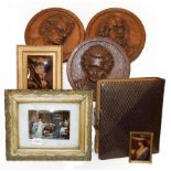 Three Victorian crystoleums, a Victorian part filled photograph album, three carved oak portrait