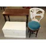 White painted pine hinged chest, piano stool, early 20th century oak side table and a white