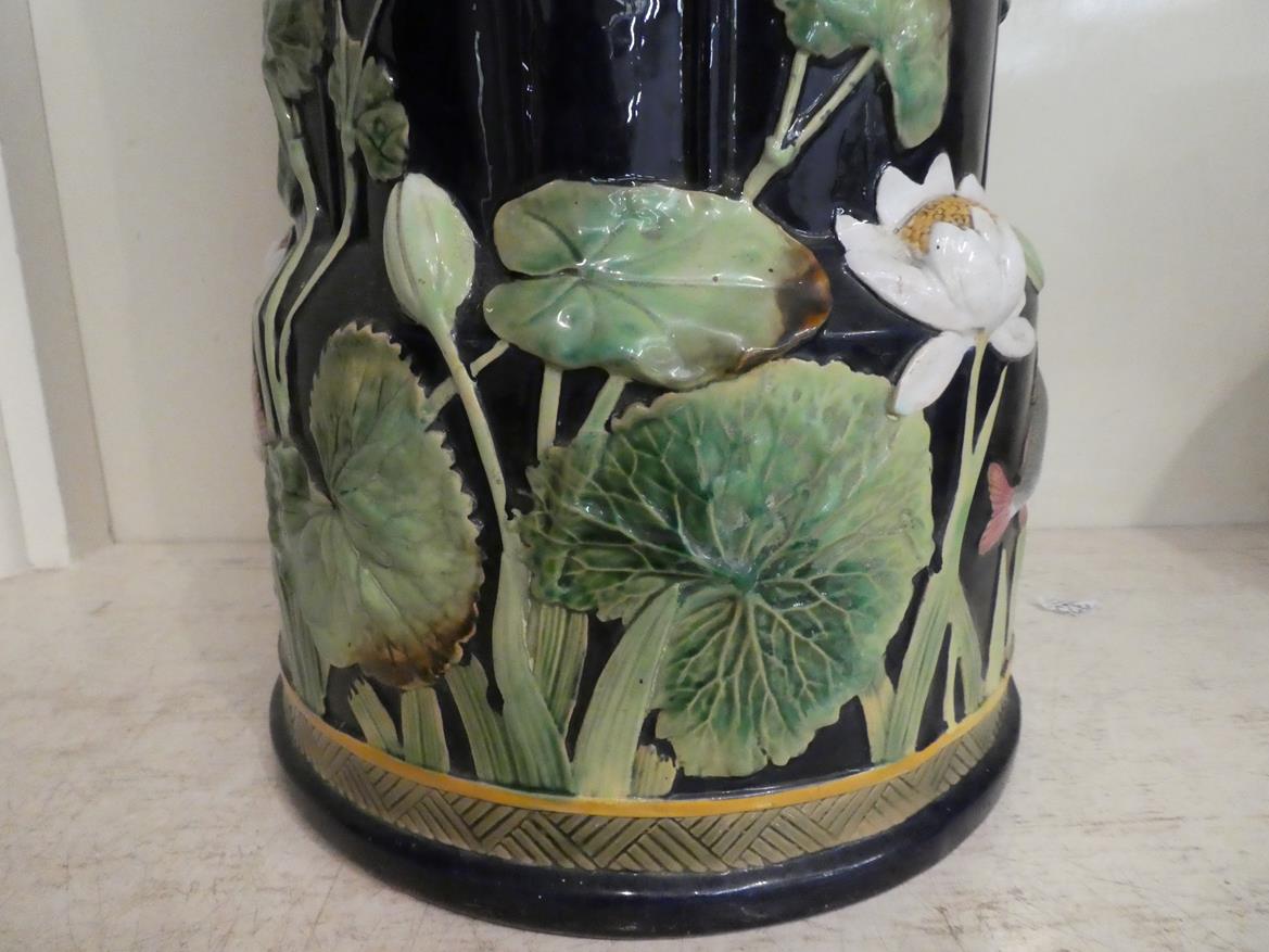 George Jones majolica stick stand moulded with water lilies and fish impressed mark, 55cm high - Image 13 of 22