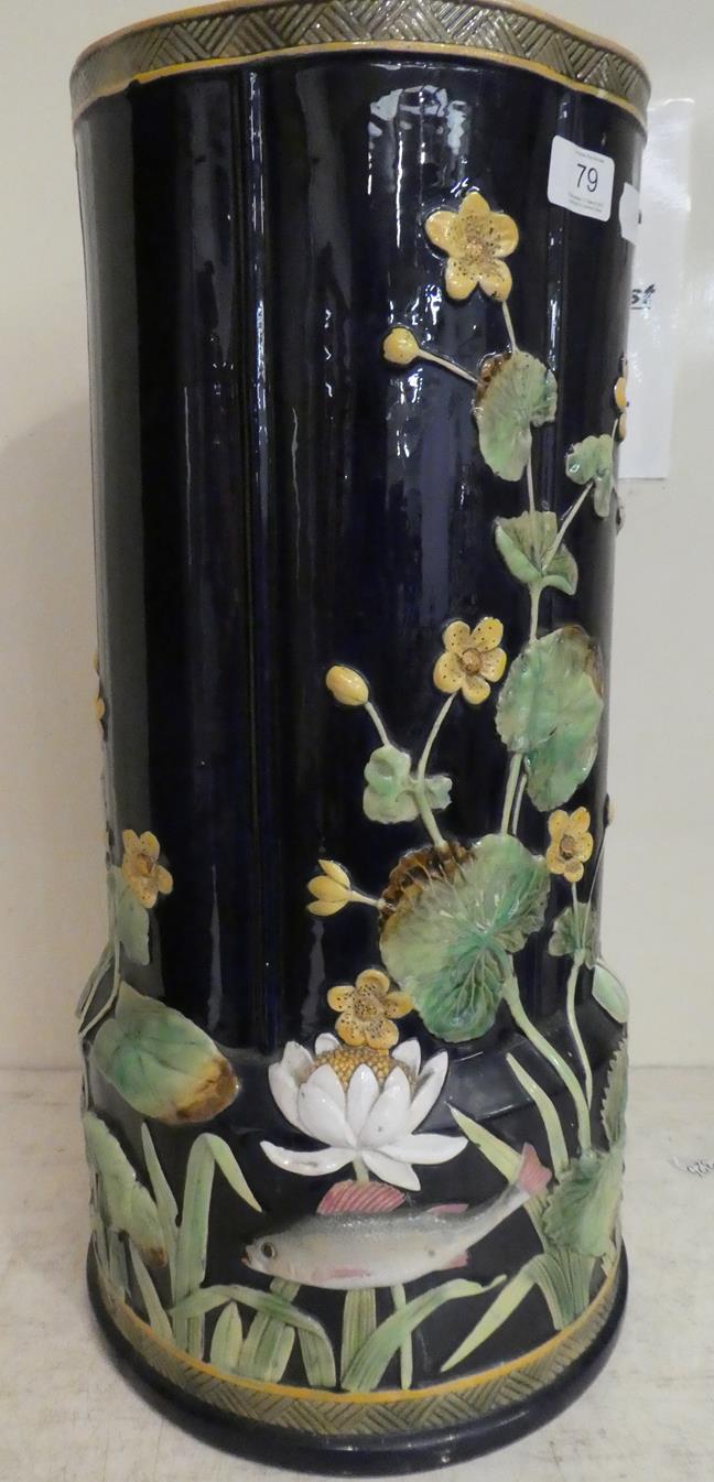 George Jones majolica stick stand moulded with water lilies and fish impressed mark, 55cm high - Image 9 of 22