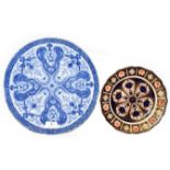 A Royal Crown Derby Imari plate, 23cm diameter and a Japanese blue and white dish, 31cm diameter (